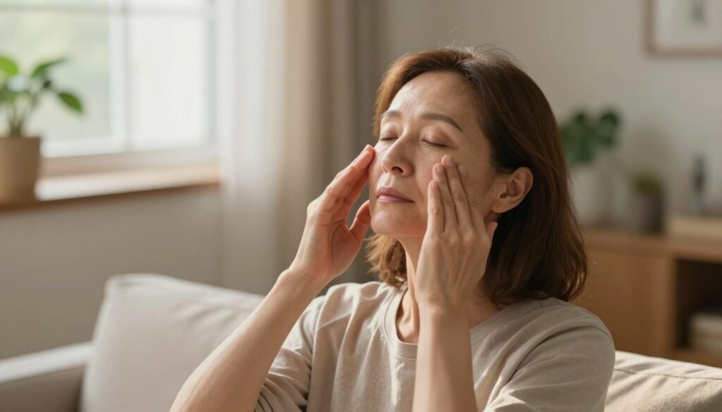 A serene indoor setting focusing on a middle-aged woman practicing facial relaxation exercises. She is seated comfortably, wearing modest casual clothing, with a calm, focused expression on her face. In the foreground, showcase her gently performing facial mimics like stretching her mouth and softening her brow. The middle ground features a peaceful environment with soft lighting filtering through a nearby window, casting a warm glow. Surrounding her is a simple, uncluttered space that evokes tranquility, with plants subtly positioned in the background. Capture the mood of relaxation and mindful practice, using a slightly elevated angle to emphasize her expression and the gentle nature of the exercises she is performing. A serene indoor setting focusing on a middle-aged woman practicing facial relaxation exercises. She is seated comfortably, wearing modest casual clothing, with a calm, focused expression on her face. In the foreground, showcase her gently performing facial mimics like stretching her mouth and softening her brow. The middle ground features a peaceful environment with soft lighting filtering through a nearby window, casting a warm glow. Surrounding her is a simple, uncluttered space that evokes tranquility, with plants subtly positioned in the background. Capture the mood of relaxation and mindful practice, using a slightly elevated angle to emphasize her expression and the gentle nature of the exercises she is performing.
