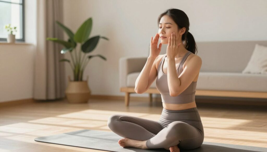 A serene indoor setting showcasing a professional woman engaging in facial exercises. She is seated comfortably on a yoga mat, wearing modest athletic apparel, demonstrating a variety of facial muscle exercises with focused expression and gentle movements. The foreground captures her in profile, allowing the viewer to observe her technique. The middle ground features a soft, well-lit room with plants and calming decor, evoking a peaceful atmosphere. Natural light streams in from a nearby window, creating a warm and inviting glow. The background is softly blurred, enhancing the subject while keeping the focus on her facial exercises. This composition conveys a sense of wellness and dedication to self-care. A serene indoor setting showcasing a professional woman engaging in facial exercises. She is seated comfortably on a yoga mat, wearing modest athletic apparel, demonstrating a variety of facial muscle exercises with focused expression and gentle movements. The foreground captures her in profile, allowing the viewer to observe her technique. The middle ground features a soft, well-lit room with plants and calming decor, evoking a peaceful atmosphere. Natural light streams in from a nearby window, creating a warm and inviting glow. The background is softly blurred, enhancing the subject while keeping the focus on her facial exercises. This composition conveys a sense of wellness and dedication to self-care.