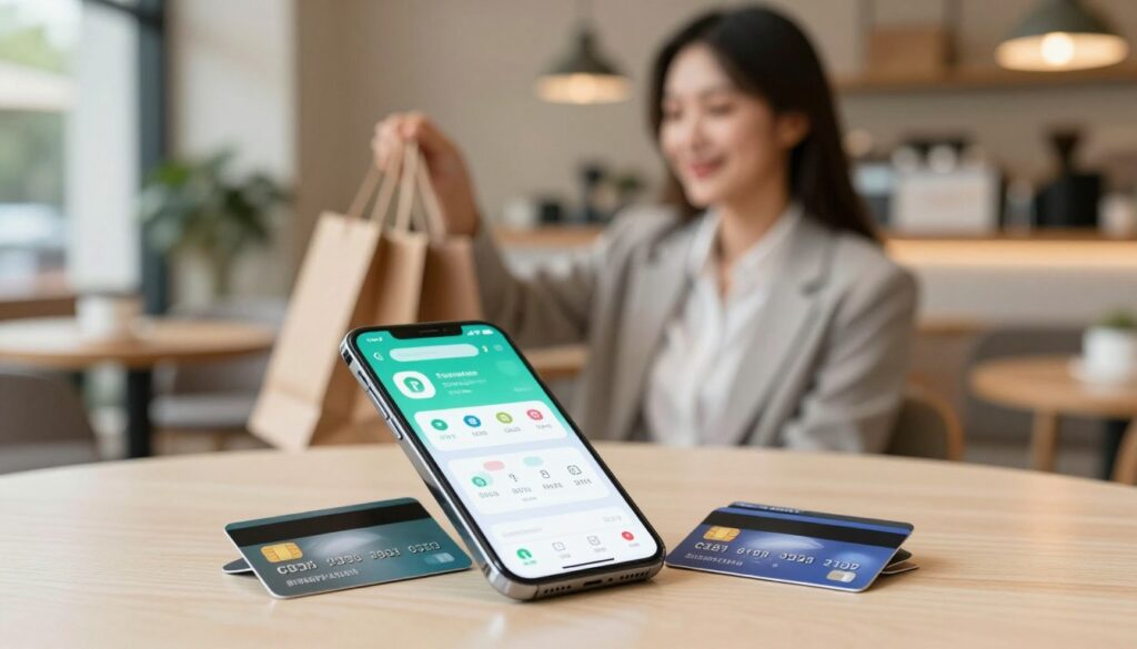 A serene, inviting scene depicting flexible payment methods. In the foreground, a sleek, modern smartphone displays various digital payment apps, glowing softly. Beside it, there are credit and debit cards artfully arranged. In the middle ground, a stylishly dressed individual in professional attire smiles while holding a shopping bag, reflecting satisfaction. The background features a cozy cafe setting with warm, natural lighting, inviting patrons to enjoy their time. Soft bokeh effects emphasize the subject. The overall mood is positive and contemporary, symbolizing the ease and benefits of modern payment solutions for customers. Gentle color tones create a welcoming atmosphere, enhancing the theme of convenience and customer satisfaction.