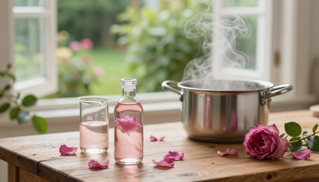 A serene kitchen setting bathed in warm, natural light, featuring a rustic wooden table adorned with fresh, blooming rose petals and a glass bottle of homemade rosewater. In the foreground, delicate glass beakers and a small stainless steel pot sit next to a simmering pot of water, releasing gentle steam. The background showcases a lush garden visible through a window, emphasizing a natural, tranquil atmosphere. Soft green leaves and a few scattered rose petals add to the organic feel. The image captures the essence of crafting natural hydrolat, evoking a sense of beauty and calmness, with an elegant and inviting composition that highlights the art of preparing rosewater for skincare. The focus is sharp on the foreground elements, with a slight bokeh effect on the garden view.