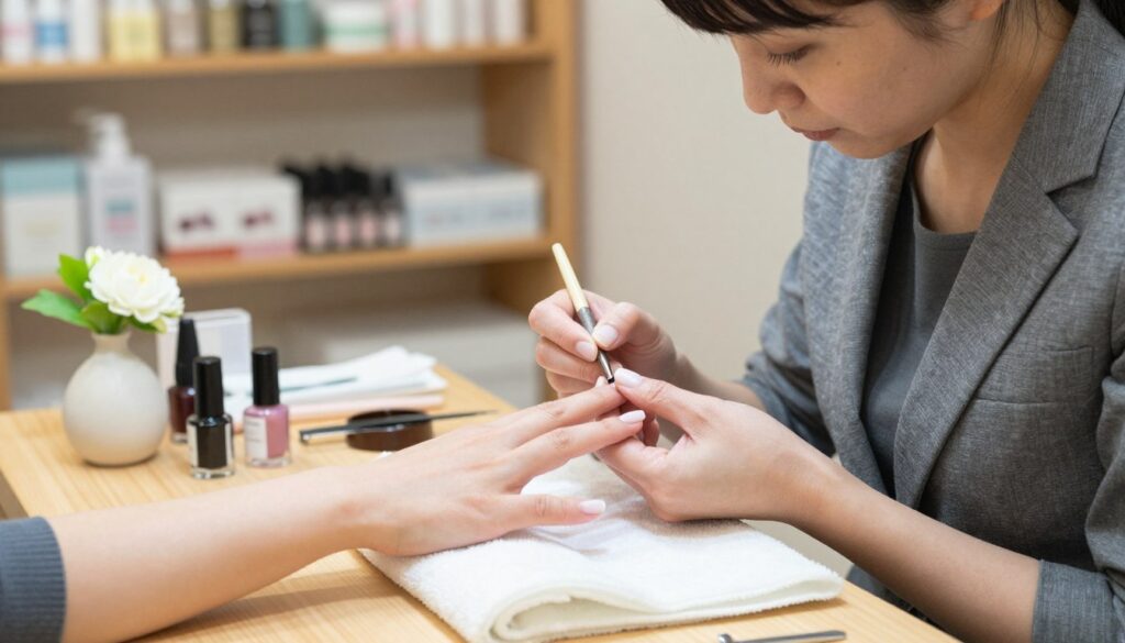 A serene nail salon setting featuring a beautifully manicured hand placed gracefully on a wooden table. The foreground highlights a nail care professional, a woman dressed in a smart, casual outfit, demonstrating the intricate process of traditional Japanese manicure, showcasing natural ingredients like oils and polish. The middle ground captures soft lighting that creates a calm and inviting atmosphere, with tools and products neatly arranged beside a small vase of flowers for a touch of elegance. The background reveals softly blurred shelves stocked with organic nail care products, emphasizing the theme of natural strength and beauty. The overall mood is tranquil and uplifting, illustrating the essence of rejuvenation and self-care associated with Japanese manicures, while the composition ensures a clean and professional portrayal.