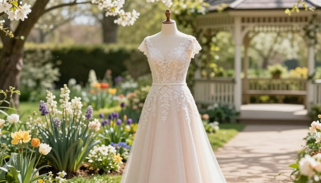A serene outdoor setting capturing the essence of a seasonal wedding dress for a civil ceremony. In the foreground, a stylish, modest wedding dress in soft pastel tones that harmonizes with spring blooms, featuring delicate lace and elegant details. The middle ground showcases a small, intimate garden adorned with blooming flowers and greenery, reflecting a vibrant yet elegant atmosphere. The background features a softly blurred hint of a classic gazebo, with gentle sunlight filtering through the leaves, creating dappled shadows. The overall mood should evoke romance and sophistication, suited for a cozy and elegant celebration. Use natural lighting to enhance the soft colors, with a focal length that captures both the dress and the enchanting surroundings beautifully. A serene outdoor setting capturing the essence of a seasonal wedding dress for a civil ceremony. In the foreground, a stylish, modest wedding dress in soft pastel tones that harmonizes with spring blooms, featuring delicate lace and elegant details. The middle ground showcases a small, intimate garden adorned with blooming flowers and greenery, reflecting a vibrant yet elegant atmosphere. The background features a softly blurred hint of a classic gazebo, with gentle sunlight filtering through the leaves, creating dappled shadows. The overall mood should evoke romance and sophistication, suited for a cozy and elegant celebration. Use natural lighting to enhance the soft colors, with a focal length that captures both the dress and the enchanting surroundings beautifully.