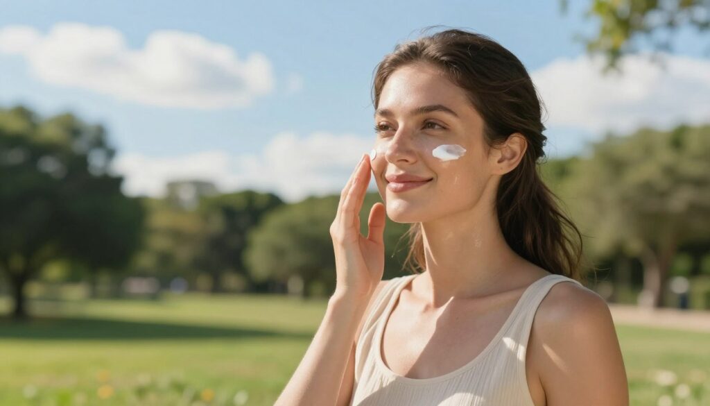A serene outdoor setting with a woman applying a facial sunscreen in elegant, modest casual clothing. In the foreground, she smiles gently as she dots the cream on her cheeks, reflecting a clear understanding of sun safety. Her skin radiates a healthy glow, and her hair is pulled back loosely. In the middle ground, a sun-drenched park can be seen, with soft greenery and distant trees slightly blurred to emphasize her figure. The background includes a bright blue sky with scattered, fluffy white clouds, suggesting a warm, sunny day. The lighting is soft and natural, casting gentle shadows that create an inviting atmosphere. The image should convey a mood of peace and self-care, embodying the importance of sun protection.