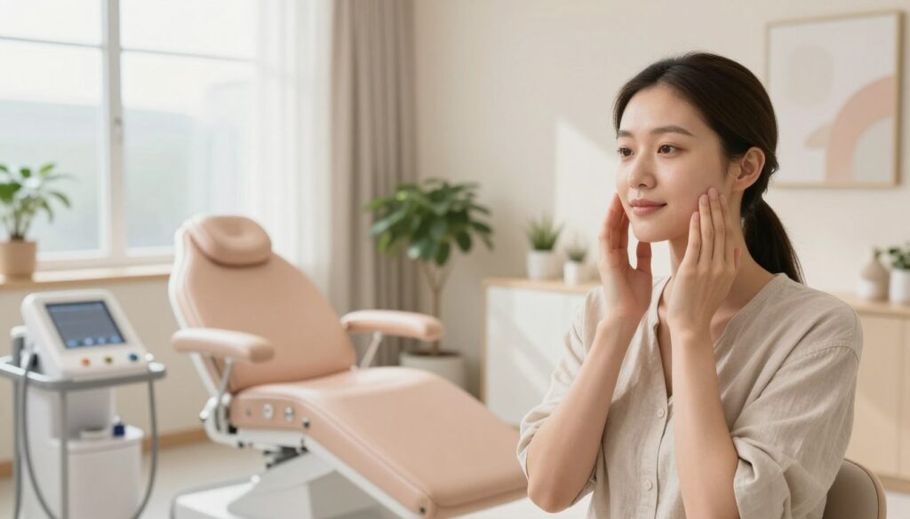 A serene post-treatment scene illustrating facial volumetry recommendations. In the foreground, a professional female model in modest casual clothing gently touches her cheeks, showcasing a subtle, natural glow. In the middle ground, a spacious, well-lit clinic room with soothing pastel colors, featuring a comfortable treatment chair and medical equipment. Soft, diffused natural light spills through large windows, casting a warm ambience. The background showcases elegantly arranged potted plants and calming artwork on the walls, creating a tranquil atmosphere. The image reflects a mood of relaxation and care, emphasizing the importance of post-treatment recommendations for long-lasting results. Focus on clarity and professional presentation, avoiding any distractions from the subject matter. A serene post-treatment scene illustrating facial volumetry recommendations. In the foreground, a professional female model in modest casual clothing gently touches her cheeks, showcasing a subtle, natural glow. In the middle ground, a spacious, well-lit clinic room with soothing pastel colors, featuring a comfortable treatment chair and medical equipment. Soft, diffused natural light spills through large windows, casting a warm ambience. The background showcases elegantly arranged potted plants and calming artwork on the walls, creating a tranquil atmosphere. The image reflects a mood of relaxation and care, emphasizing the importance of post-treatment recommendations for long-lasting results. Focus on clarity and professional presentation, avoiding any distractions from the subject matter.