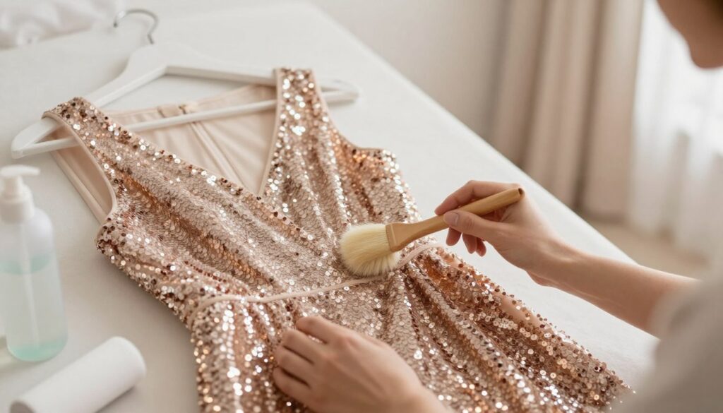 A serene scene focusing on the care of a glamorous sequin dress, elegantly displayed against a soft, neutral backdrop. In the foreground, a delicate pair of hands gently inspecting and cleaning the shimmering sequins using a soft brush, emphasizing attention to detail. Light glimmers off the sequins, creating a sparkling effect, while a few care products like a gentle fabric cleaner and a lint roller are subtly placed nearby, enhancing the theme of dress maintenance. The middle ground shows the dress draped gracefully over a stylish hanger, while the background remains softly blurred with hints of a cozy, well-lit dressing area. The atmosphere is tender and focused, capturing the importance of preserving the beauty and longevity of the sequin dress. Bright, natural lighting adds a warm glow to the entire scene.