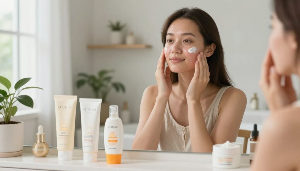 A serene skincare scene emphasizing the importance of sun protection for acne-prone skin. In the foreground, a beautifully organized array of sunscreen products with elegant packaging, including a lightweight gel and a cream, displayed on a clean vanity. The middle ground features a young woman in modest, casual clothing, gently applying sunscreen to her face with a calm expression, her skin appearing healthy and glowing. In the background, soft natural light - diffused through a window - illuminates a cozy bathroom environment with plants and soothing decor, creating a tranquil atmosphere. The overall mood conveys a sense of care and attention, highlighting the significance of skincare in reducing redness and calming inflammation.