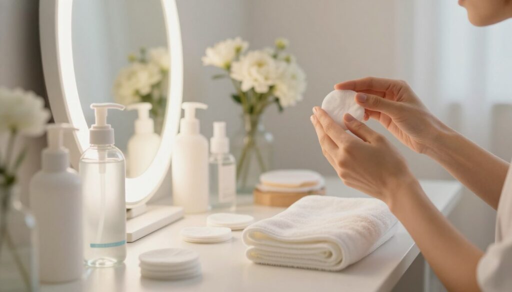 A serene skincare scene focused on the process of facial makeup removal. In the foreground, a beautifully arranged vanity table featuring a variety of cleansing products like micellar water, cotton pads, and a soft facial towel. A well-lit mirror reflects a gentle, warm light that creates a calming atmosphere. In the middle ground, a pair of elegant, modestly dressed hands gently removing makeup from a model's face, showcasing a careful and nourishing demakijaż routine. The background features soft-focus floral elements, suggesting a connection to nature and skincare wellness. The overall mood is soothing and elegant, emphasizing the importance of effective yet gentle skincare. Soft, natural light enhances the fresh and clean appearance of the setting. A serene skincare scene focused on the process of facial makeup removal. In the foreground, a beautifully arranged vanity table featuring a variety of cleansing products like micellar water, cotton pads, and a soft facial towel. A well-lit mirror reflects a gentle, warm light that creates a calming atmosphere. In the middle ground, a pair of elegant, modestly dressed hands gently removing makeup from a model's face, showcasing a careful and nourishing demakijaż routine. The background features soft-focus floral elements, suggesting a connection to nature and skincare wellness. The overall mood is soothing and elegant, emphasizing the importance of effective yet gentle skincare. Soft, natural light enhances the fresh and clean appearance of the setting.