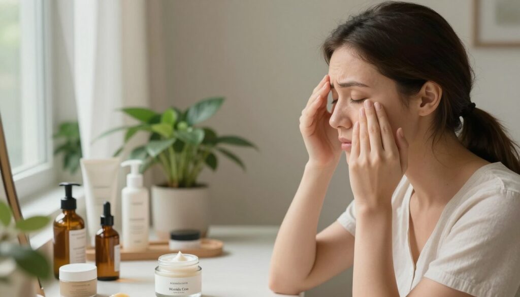 A serene skincare scene focusing on a woman applying a soothing cream to the area between her eyebrows, emphasizing the care for lion's wrinkle. In the foreground, the woman has a thoughtful expression, sitting at a well-lit vanity adorned with skincare products, including a sleek jar labeled 'Wrinkle Care'. Soft, diffused lighting illuminates her face, highlighting the relaxing atmosphere. The middle ground features a neatly arranged array of organic skincare items, with a plant adding a touch of nature. In the background, a softly blurred window allows natural light to spill in, creating a calming ambiance. The overall mood should be peaceful and nurturing, inviting viewers to think of their own at-home skincare routines for smoothing out fine lines. A serene skincare scene focusing on a woman applying a soothing cream to the area between her eyebrows, emphasizing the care for lion's wrinkle. In the foreground, the woman has a thoughtful expression, sitting at a well-lit vanity adorned with skincare products, including a sleek jar labeled 'Wrinkle Care'. Soft, diffused lighting illuminates her face, highlighting the relaxing atmosphere. The middle ground features a neatly arranged array of organic skincare items, with a plant adding a touch of nature. In the background, a softly blurred window allows natural light to spill in, creating a calming ambiance. The overall mood should be peaceful and nurturing, inviting viewers to think of their own at-home skincare routines for smoothing out fine lines.
