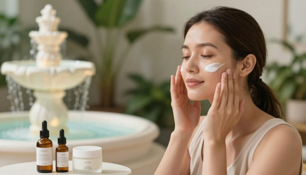 A serene spa environment focused on skin hydration. In the foreground, a woman with healthy, radiant skin applies a nourishing moisturizer to her face, her expression calm and content. She is seen in a modest, casual outfit, surrounded by elegant skincare products like serums and creams. In the middle ground, a softly glowing fountain adds to the calming atmosphere, symbolizing moisture. The background features lush green plants, promoting a natural and fresh ambiance. Soft, diffused lighting creates an inviting and warm atmosphere, while a shallow depth of field emphasizes the woman’s skin and the products. This image captures the essence of hydration's role in regulating sebum production, conveying tranquility and self-care.