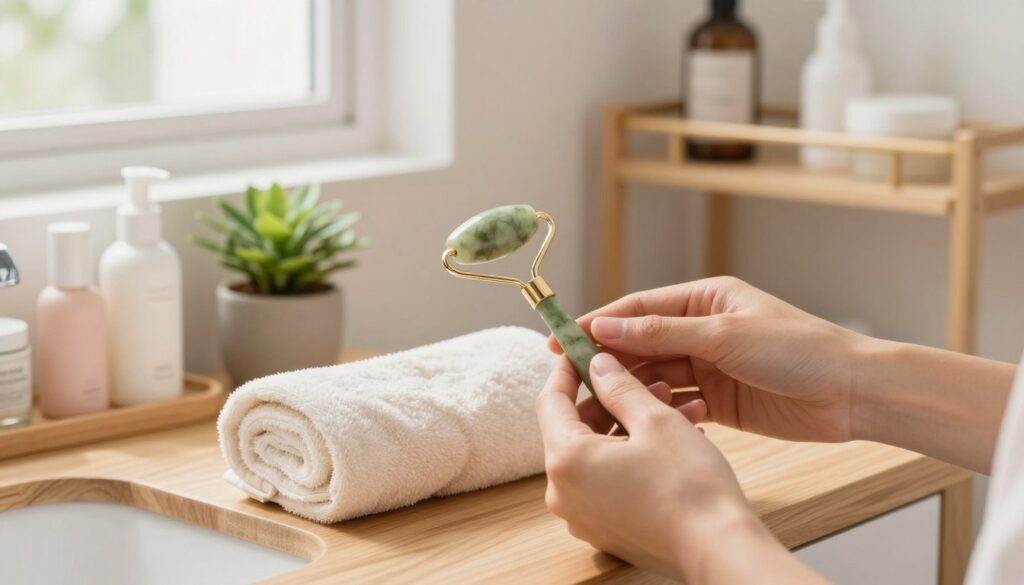 A serene, well-lit bathroom setting featuring a wooden washstand with a jade roller prominently displayed on a soft, rolled towel. In the foreground, a pair of well-kept hands gently holding the roller, demonstrating its use. The middle ground includes a small potted plant and skincare products, arranged harmoniously to emphasize daily skincare routines. Soft, natural light filters through a window, enhancing the calm atmosphere. The background features a neatly organized shelf with beauty essentials, all in soft pastel colors to create a soothing ambiance. The composition should evoke feelings of self-care and tranquility, highlighting the frequency and importance of using a facial roller for optimal skincare results. A serene, well-lit bathroom setting featuring a wooden washstand with a jade roller prominently displayed on a soft, rolled towel. In the foreground, a pair of well-kept hands gently holding the roller, demonstrating its use. The middle ground includes a small potted plant and skincare products, arranged harmoniously to emphasize daily skincare routines. Soft, natural light filters through a window, enhancing the calm atmosphere. The background features a neatly organized shelf with beauty essentials, all in soft pastel colors to create a soothing ambiance. The composition should evoke feelings of self-care and tranquility, highlighting the frequency and importance of using a facial roller for optimal skincare results.