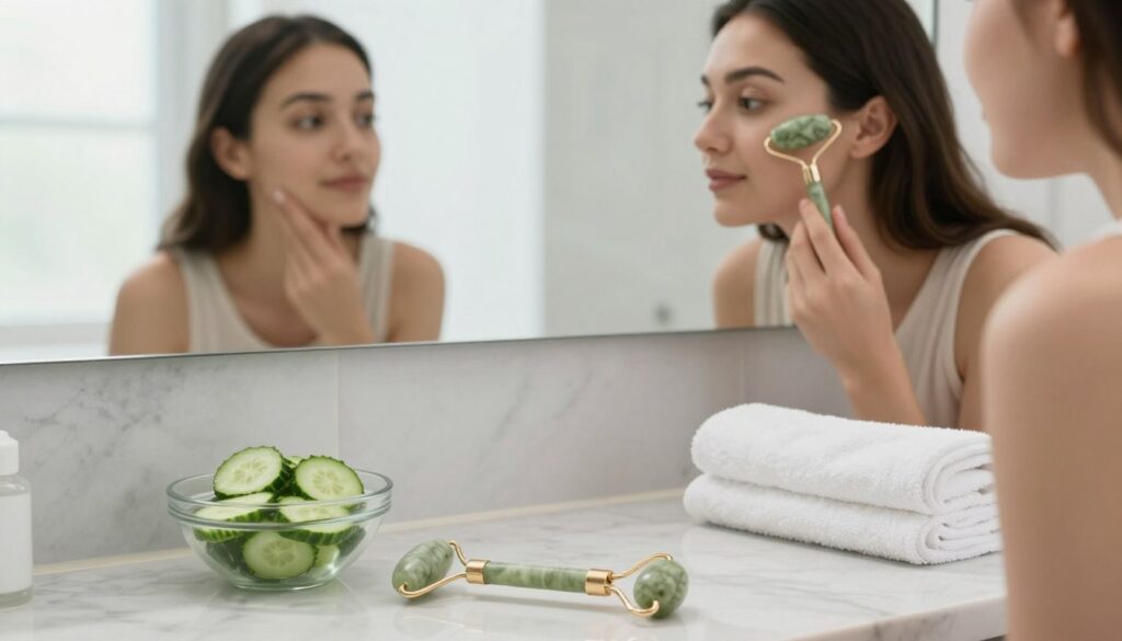 A serene, well-lit bathroom setting serves as the backdrop, with soft, natural light filtering through a frosted window. In the foreground, a delicate jade facial roller rests on a marble countertop. Next to it, a small bowl of cool, soothing cucumber slices and a neatly folded white towel add to the refreshing ambiance. The middle ground showcases a reflection in the mirror, where a young woman with a calm expression practices using the roller on her cheek, dressed in a light, modest top. The composition is shot from a slightly elevated angle, capturing both the roller and her focused expression. The mood is tranquil and rejuvenating, emphasizing self-care and beauty routine. A serene, well-lit bathroom setting serves as the backdrop, with soft, natural light filtering through a frosted window. In the foreground, a delicate jade facial roller rests on a marble countertop. Next to it, a small bowl of cool, soothing cucumber slices and a neatly folded white towel add to the refreshing ambiance. The middle ground showcases a reflection in the mirror, where a young woman with a calm expression practices using the roller on her cheek, dressed in a light, modest top. The composition is shot from a slightly elevated angle, capturing both the roller and her focused expression. The mood is tranquil and rejuvenating, emphasizing self-care and beauty routine.