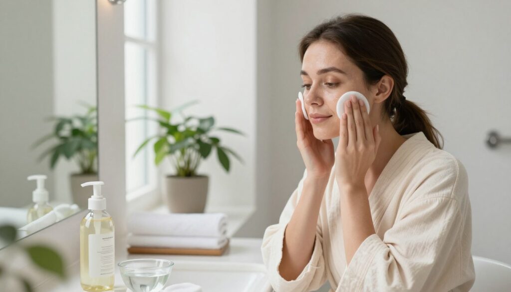 A serene, well-lit facial cleansing scene set in a calming bathroom environment. In the foreground, a woman with clear skin and a gentle expression is applying a mild cleansing product to her face using soft, circular motions. She is dressed in a light, modest cream-colored robe, surrounded by natural skincare items like a bottle of gentle cleanser, cotton pads, and a small bowl of water. The middle ground features a sleek vanity with soft towels and a potted plant, adding greenery. The background highlights a large mirror reflecting soft, diffused natural light streaming through a window, creating an inviting, tranquil atmosphere, emphasizing the importance of caring for the skin delicately. The overall mood is calming and inviting, promoting self-care.