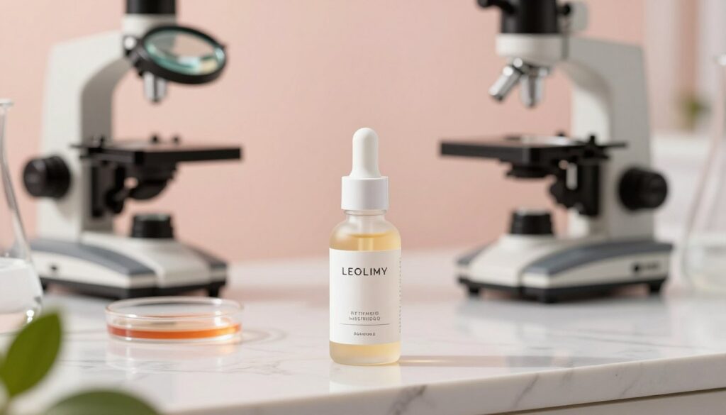 A serene, well-lit skincare laboratory with a focus on a high-end retinoid serum bottle in the foreground, elegantly displayed on a marble countertop. Behind it, a blurred view of scientific equipment, such as magnifying glasses and petri dishes, hinting at the formulation process. The background features soft pastel colors to create a calming atmosphere, reminiscent of gentle skincare routines. The lighting is warm and inviting, casting soft shadows to add depth. The mood is professional and soothing, embodying the essence of skin renewal and rejuvenation. Subtle details like a fresh green plant and minimalist branding on the serum label enhance the scene, evoking trust and luxury in skincare. A serene, well-lit skincare laboratory with a focus on a high-end retinoid serum bottle in the foreground, elegantly displayed on a marble countertop. Behind it, a blurred view of scientific equipment, such as magnifying glasses and petri dishes, hinting at the formulation process. The background features soft pastel colors to create a calming atmosphere, reminiscent of gentle skincare routines. The lighting is warm and inviting, casting soft shadows to add depth. The mood is professional and soothing, embodying the essence of skin renewal and rejuvenation. Subtle details like a fresh green plant and minimalist branding on the serum label enhance the scene, evoking trust and luxury in skincare.