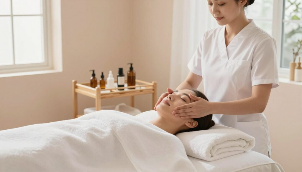 A serene wellness room featuring a professional facial massage setup. In the foreground, a gently illuminated, plush massage table draped with soft, white towels. A practitioner, dressed in a simple, elegant white uniform, demonstrates proper facial massage techniques on a client, who is comfortably reclining with a calm expression. The practitioner’s hands are positioned skillfully on the client’s face, emphasizing proper technique. In the middle of the image, various massage oils and tools are neatly arranged on a nearby wooden shelf, adding warmth to the scene. The background includes calming pastel-colored walls and a large window letting in soft, natural sunlight, enhancing the tranquil atmosphere. The overall mood is relaxing and inviting, perfect for illustrating the importance of correct facial massage techniques. A serene wellness room featuring a professional facial massage setup. In the foreground, a gently illuminated, plush massage table draped with soft, white towels. A practitioner, dressed in a simple, elegant white uniform, demonstrates proper facial massage techniques on a client, who is comfortably reclining with a calm expression. The practitioner’s hands are positioned skillfully on the client’s face, emphasizing proper technique. In the middle of the image, various massage oils and tools are neatly arranged on a nearby wooden shelf, adding warmth to the scene. The background includes calming pastel-colored walls and a large window letting in soft, natural sunlight, enhancing the tranquil atmosphere. The overall mood is relaxing and inviting, perfect for illustrating the importance of correct facial massage techniques.