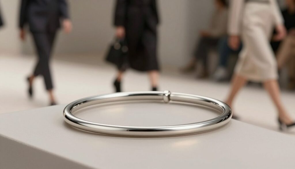 A sleek, minimalist stainless steel bangle bracelet elegantly displayed in a modern, soft-focus fashion runway setting. The foreground features the bracelet on a reflective surface, catching subtle light reflections, showcasing its polished surface and elegant design. In the middle ground, blurred silhouettes of fashionable models wearing understated, professional attire walk confidently, embodying a chic, contemporary vibe. The background consists of an abstract, muted color palette that highlights the overall sophisticated and aspirational mood of high fashion. Soft, diffused lighting creating gentle shadows to emphasize the bracelet's curves and shine, capturing the essence of daily minimalism in jewelry design. A sleek, minimalist stainless steel bangle bracelet elegantly displayed in a modern, soft-focus fashion runway setting. The foreground features the bracelet on a reflective surface, catching subtle light reflections, showcasing its polished surface and elegant design. In the middle ground, blurred silhouettes of fashionable models wearing understated, professional attire walk confidently, embodying a chic, contemporary vibe. The background consists of an abstract, muted color palette that highlights the overall sophisticated and aspirational mood of high fashion. Soft, diffused lighting creating gentle shadows to emphasize the bracelet's curves and shine, capturing the essence of daily minimalism in jewelry design.