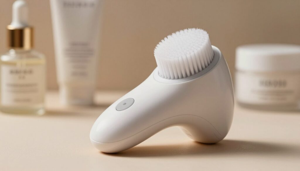 A sleek, modern sonic facial brush placed prominently in the foreground, showcasing its ergonomic design and soft bristles. The background includes a softly blurred vanity area with elegant skincare products, giving a sense of a clean, serene space. The lighting is warm and inviting, highlighting the brush's smooth curves and textures, while soft shadows add depth to the scene. A gentle focus on the brush emphasizes its features like the vibration mechanism and unique bristle structure that contribute to skin cleansing without irritation. The atmosphere is calming and refreshing, conveying a sense of daily skincare rejuvenation. Capture this scene with a slight angle to give a dynamic perspective, ensuring the brush is the focal point of the image. A sleek, modern sonic facial brush placed prominently in the foreground, showcasing its ergonomic design and soft bristles. The background includes a softly blurred vanity area with elegant skincare products, giving a sense of a clean, serene space. The lighting is warm and inviting, highlighting the brush's smooth curves and textures, while soft shadows add depth to the scene. A gentle focus on the brush emphasizes its features like the vibration mechanism and unique bristle structure that contribute to skin cleansing without irritation. The atmosphere is calming and refreshing, conveying a sense of daily skincare rejuvenation. Capture this scene with a slight angle to give a dynamic perspective, ensuring the brush is the focal point of the image.