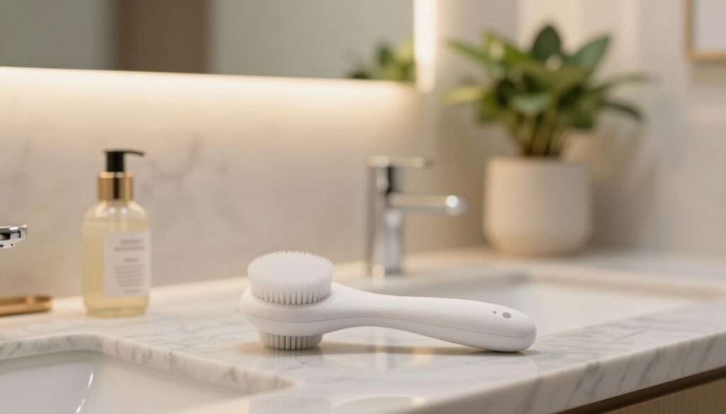 A sleek, modern sonic facial brush rests on a marble countertop in a softly lit bathroom. The brush features an ergonomic design with gentle bristles, emphasizing its purpose for soothing facial cleansing. In the foreground, a serene view captures the brush alongside a small, elegantly designed bottle of facial cleanser. The middle ground shows a mirror reflecting soft golden light, enhancing the atmosphere of tranquility and luxury. The background is slightly blurred, revealing a stylish bathroom with potted greenery and elegant decor, contributing to a calm and fresh mood. Ensure the image reflects a professional, clean aesthetic without any clutter or distractions. A sleek, modern sonic facial brush rests on a marble countertop in a softly lit bathroom. The brush features an ergonomic design with gentle bristles, emphasizing its purpose for soothing facial cleansing. In the foreground, a serene view captures the brush alongside a small, elegantly designed bottle of facial cleanser. The middle ground shows a mirror reflecting soft golden light, enhancing the atmosphere of tranquility and luxury. The background is slightly blurred, revealing a stylish bathroom with potted greenery and elegant decor, contributing to a calm and fresh mood. Ensure the image reflects a professional, clean aesthetic without any clutter or distractions.