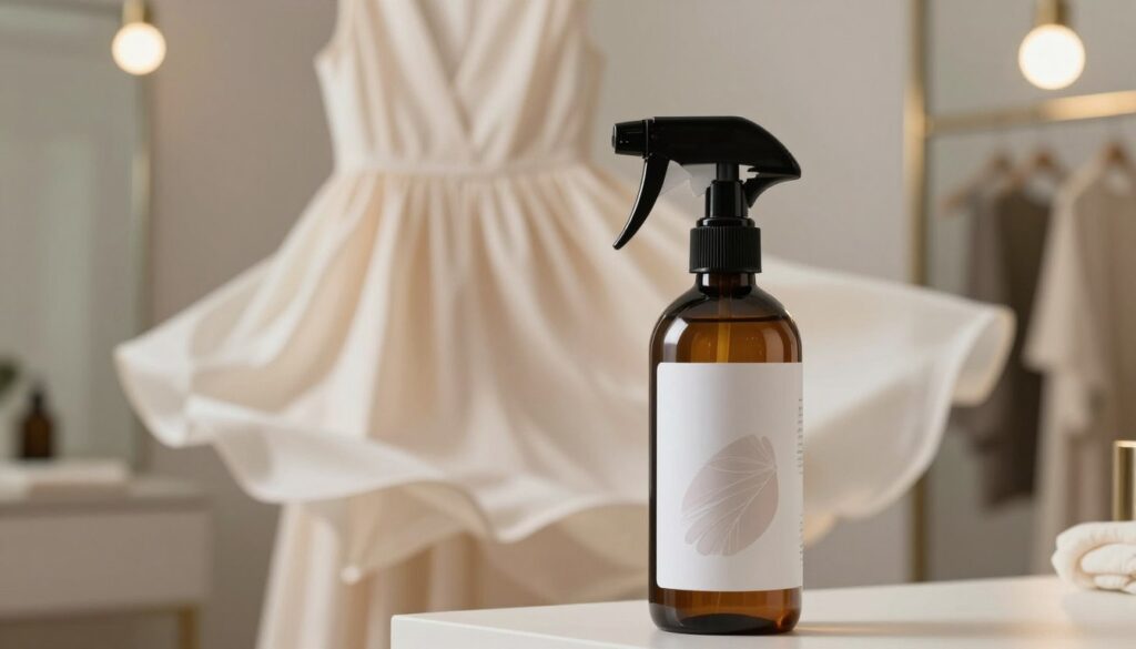 A sleek spray bottle of anti-static solution is prominently displayed in the foreground, with the nozzle slightly tilted as if ready for use. The bottle should have a modern design, with a shiny label that features elegant graphics related to fabric care. In the middle ground, a softly draped dress in a light, flowing fabric hangs gracefully, fluttering as if caught in a gentle breeze, showcasing its texture and movement. The background is a softly blurred dressing room scene, with soft, warm lighting from an overhead fixture, reflecting an inviting atmosphere. The image evokes a sense of calm and practicality, emphasizing the effectiveness of the anti-static spray for everyday wardrobe challenges, like preventing dress cling during movement. A sleek spray bottle of anti-static solution is prominently displayed in the foreground, with the nozzle slightly tilted as if ready for use. The bottle should have a modern design, with a shiny label that features elegant graphics related to fabric care. In the middle ground, a softly draped dress in a light, flowing fabric hangs gracefully, fluttering as if caught in a gentle breeze, showcasing its texture and movement. The background is a softly blurred dressing room scene, with soft, warm lighting from an overhead fixture, reflecting an inviting atmosphere. The image evokes a sense of calm and practicality, emphasizing the effectiveness of the anti-static spray for everyday wardrobe challenges, like preventing dress cling during movement.