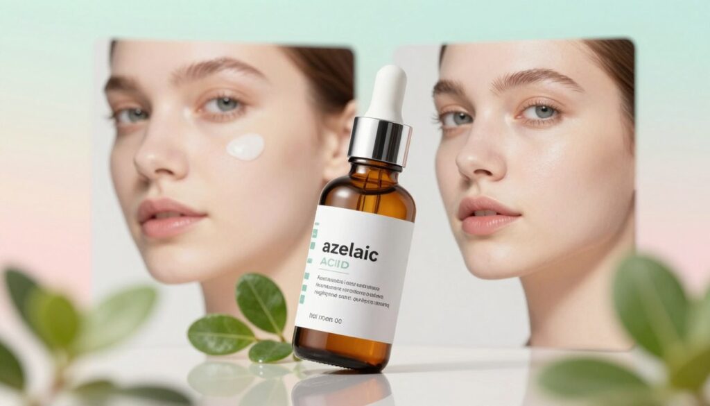 A soothing skincare composition featuring a bottle of azelaic acid serum prominently placed in the foreground, reflecting its significance in reducing inflammation and regulating sebum production. Surround the bottle with light greenery to emphasize a natural healing aesthetic. In the middle ground, include soft-focus images of clear skin, demonstrating the benefits of using azelaic acid, with subtle textures showcasing the smoothness of healthy skin. The background should feature a gentle gradient of soft pastel colors, creating a calm and inviting atmosphere. Use soft, diffused lighting to highlight the product's elegance and effectiveness. The angle is slightly tilted to draw attention to the serum while maintaining a sense of natural beauty and professionalism. A soothing skincare composition featuring a bottle of azelaic acid serum prominently placed in the foreground, reflecting its significance in reducing inflammation and regulating sebum production. Surround the bottle with light greenery to emphasize a natural healing aesthetic. In the middle ground, include soft-focus images of clear skin, demonstrating the benefits of using azelaic acid, with subtle textures showcasing the smoothness of healthy skin. The background should feature a gentle gradient of soft pastel colors, creating a calm and inviting atmosphere. Use soft, diffused lighting to highlight the product's elegance and effectiveness. The angle is slightly tilted to draw attention to the serum while maintaining a sense of natural beauty and professionalism.