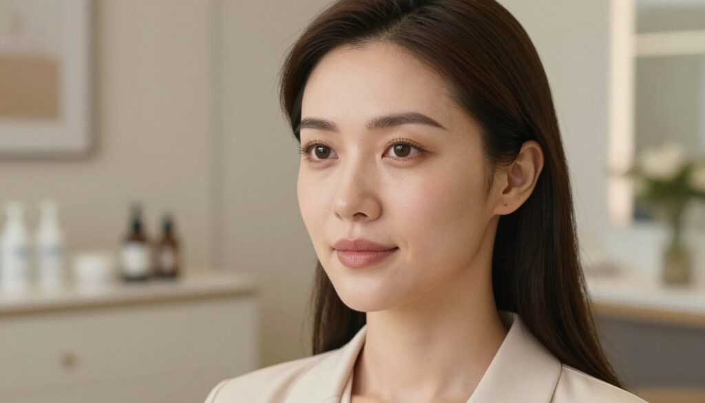 A sophisticated, close-up portrait of a serene, professional woman with elegantly contoured facial features, showcasing the effects of hyaluronic acid facial volumetry. The foreground captures her smooth skin with natural lighting that enhances her cheekbones and jawline, emphasizing the subtle volume added to her face. The middle ground presents a softly blurred backdrop of a stylish clinic environment, featuring elegant decor in neutral tones. The overall composition is well-lit with a warm, inviting atmosphere, captured with a 50mm lens to create a shallow depth of field. The woman's expression is calm and confident, embodying the key benefits of facial enhancement treatments, while dressed in a classy blouse, exuding professionalism. A sophisticated, close-up portrait of a serene, professional woman with elegantly contoured facial features, showcasing the effects of hyaluronic acid facial volumetry. The foreground captures her smooth skin with natural lighting that enhances her cheekbones and jawline, emphasizing the subtle volume added to her face. The middle ground presents a softly blurred backdrop of a stylish clinic environment, featuring elegant decor in neutral tones. The overall composition is well-lit with a warm, inviting atmosphere, captured with a 50mm lens to create a shallow depth of field. The woman's expression is calm and confident, embodying the key benefits of facial enhancement treatments, while dressed in a classy blouse, exuding professionalism.