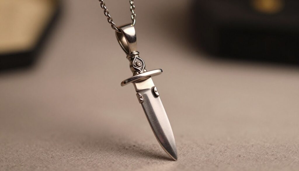 A striking close-up of a stylish knife pendant necklace, artistically displayed against a soft, blurred background. The pendant features intricate details, showcasing a finely crafted blade with elegant embellishments, hanging from a delicate chain. The lighting is warm and inviting, highlighting the metallic sheen of the knife and creating subtle glimmers. The necklace is set on a neutral-toned fabric surface, hinting at luxury and sophistication. The atmosphere exudes confidence and uniqueness, appealing to fashion-forward individuals looking for bold accessories. Capture the image from a slight angle, allowing the viewer to appreciate both the design of the pendant and its exquisite craftsmanship.