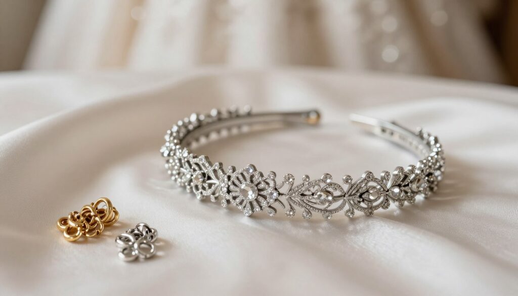 A stunning close-up image of a silver wedding headband elegantly draped over a soft, silky fabric background. The headband features delicate silver filigree designs, embellished with small sparkling gemstones that catch the light beautifully. In the foreground, there are two small piles of luxurious gold and silver jewelry, showcasing the contrast between the two metals. The middle ground presents a soft focus of a blurred wedding dress, hinting at both modern and classic styles, creating a harmonious blend. The light is soft and diffused, enhancing the shimmering metallics and creating a warm, inviting atmosphere. The angle is slightly above eye level, capturing the intricate details and textures of the headband and jewelry, evoking feelings of elegance and sophistication. A stunning close-up image of a silver wedding headband elegantly draped over a soft, silky fabric background. The headband features delicate silver filigree designs, embellished with small sparkling gemstones that catch the light beautifully. In the foreground, there are two small piles of luxurious gold and silver jewelry, showcasing the contrast between the two metals. The middle ground presents a soft focus of a blurred wedding dress, hinting at both modern and classic styles, creating a harmonious blend. The light is soft and diffused, enhancing the shimmering metallics and creating a warm, inviting atmosphere. The angle is slightly above eye level, capturing the intricate details and textures of the headband and jewelry, evoking feelings of elegance and sophistication.