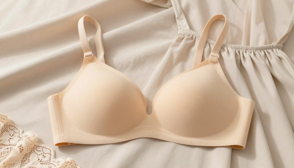 A stylish, adhesive bra displayed elegantly on a soft, neutral fabric background. The bra features seamless edges and a modern design, showcasing its versatility for various outfits. In the foreground, include delicate lace accents to highlight elegance and comfort. The middle ground should feature hints of a flowing dress with open back and thin straps, suggesting the ideal pairing for the adhesive bra. Soft, natural lighting bathes the scene, creating a warm and inviting atmosphere. A close-up angle emphasizes the quality of the materials while maintaining a sophisticated look. The overall mood is contemporary and chic, appealing to fashion-conscious individuals seeking practical alternatives to traditional bras.