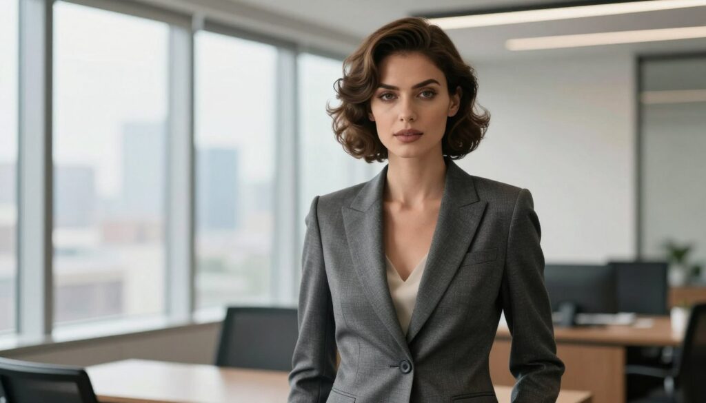 A stylish and elegant female model with a sophisticated haircut that adds volume, standing confidently in a chic, tailored women's suit. The setting is a modern office environment, softly lit with natural light pouring in through large windows, casting gentle reflections. The model's hair is styled in a voluminous updo, with soft curls framing her face, enhancing her features. She is looking towards the camera, conveying a sense of professionalism and contemporary grace. The background is blurred to emphasize her as the central subject while hinting at an urban skyline through the windows. The overall mood is one of empowerment and modern elegance, suitable for a professional setting.