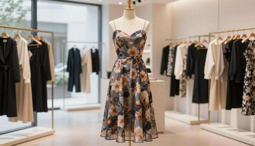 A stylish and elegant midi dress showcased on a mannequin in a bright, modern boutique. The dress features a fitted bodice, flowy A-line skirt, and intricate floral patterns, perfect for various body types. In the foreground, the dress is the central focus, with soft, diffused lighting highlighting its textures and colors. Surrounding it, elegant clothing racks display other chic outfits, creating a sophisticated atmosphere. The background includes large windows that let in natural light, casting gentle shadows and adding warmth to the space. The mood is one of refined elegance and timeless fashion, embodying the allure of midi-length dresses.