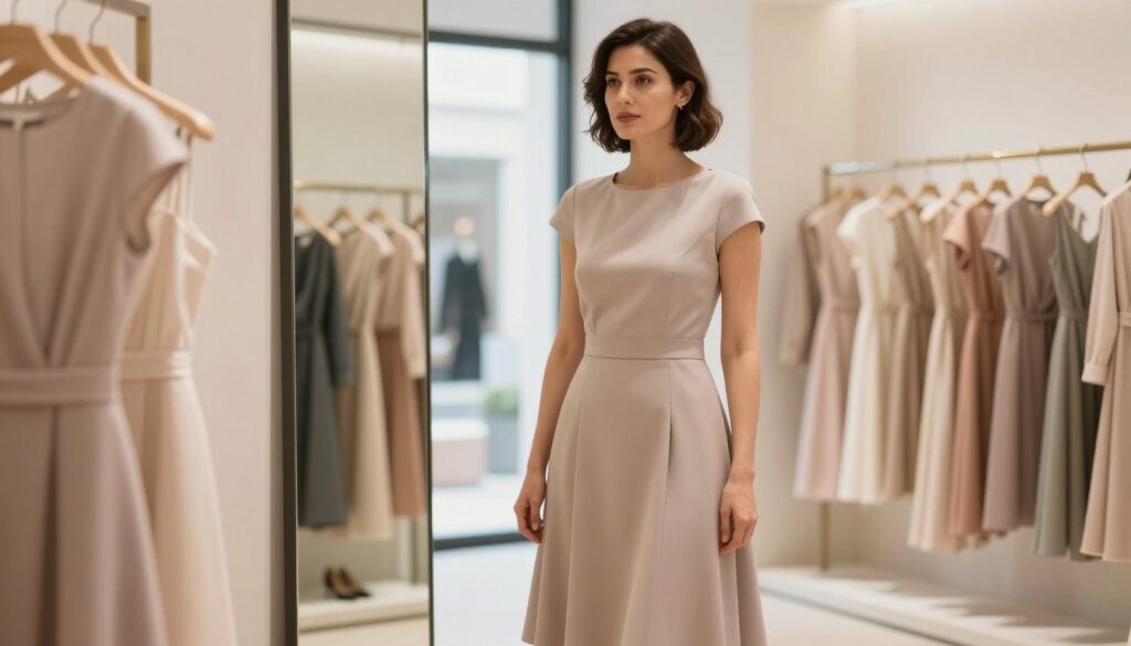 A stylish and elegant woman in a modestly designed, knee-length dress stands confidently in a well-lit boutique. The dress features a flattering A-line silhouette, cinched at the waist to enhance her proportions, and flows gracefully to create an elongated appearance. She is examining herself in a large mirror, with a focused expression that conveys self-assurance. The background features soft, blurred clothing racks with various dresses in pastel colors, creating a warm and inviting atmosphere. Bright, natural light filters through large windows, highlighting the fabric's texture and complementing the overall mood of sophistication and empowerment. The image should capture a professional and polished aesthetic, suitable for illustrating fashion choices for shorter individuals. A stylish and elegant woman in a modestly designed, knee-length dress stands confidently in a well-lit boutique. The dress features a flattering A-line silhouette, cinched at the waist to enhance her proportions, and flows gracefully to create an elongated appearance. She is examining herself in a large mirror, with a focused expression that conveys self-assurance. The background features soft, blurred clothing racks with various dresses in pastel colors, creating a warm and inviting atmosphere. Bright, natural light filters through large windows, highlighting the fabric's texture and complementing the overall mood of sophistication and empowerment. The image should capture a professional and polished aesthetic, suitable for illustrating fashion choices for shorter individuals.