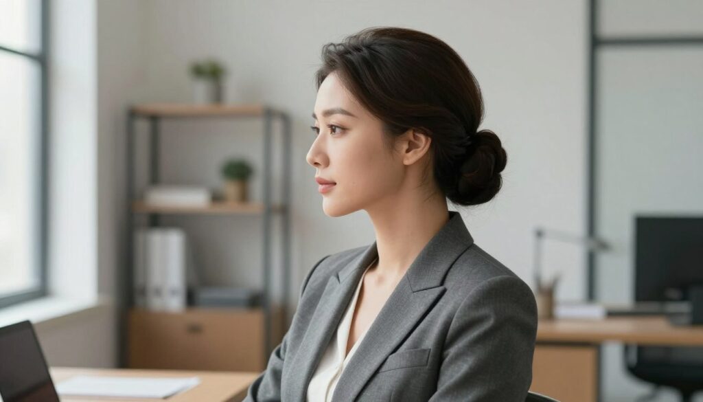 A stylish and modern woman in a tailored women's suit, showcasing elegant hairstyles that emphasize professionalism. In the foreground, focus on her polished hairdo—perhaps a sleek bun or soft waves cascading over her shoulders. The middle ground features a minimalist office setting with soft, natural lighting to enhance the sophistication of the scene. In the background, shelves with muted decor and a large window allowing gentle daylight create an inviting atmosphere. Capture the mood of confidence and contemporary style, with an emphasis on the harmony between the hairstyle and business attire, reflecting a balance of elegance and modernity. The composition should exude professionalism and grace, without any text or distractions.