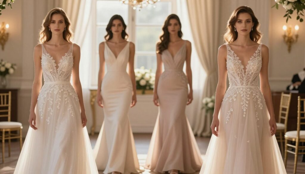 A stylish and sophisticated selection of formal dresses for a civil wedding, showcasing a diverse range of silhouettes that flatter various body types. In the foreground, a graceful woman in an elegant A-line gown with subtle embellishments stands confidently, her silhouette exuding poise and charm. In the middle, two additional models showcase different styles: one in a fitted mermaid dress that accentuates curves, and another in a flattering empire waist dress, emphasizing comfort and elegance. The background features a softly lit, intimate ceremony setting with elegant decorations, creating a warm atmosphere. The lighting is soft and diffused, reminiscent of late afternoon sunlight, creating a cozy yet upscale vibe, with a shallow depth of field to keep the focus on the dresses while providing a hint of the romantic setting. A stylish and sophisticated selection of formal dresses for a civil wedding, showcasing a diverse range of silhouettes that flatter various body types. In the foreground, a graceful woman in an elegant A-line gown with subtle embellishments stands confidently, her silhouette exuding poise and charm. In the middle, two additional models showcase different styles: one in a fitted mermaid dress that accentuates curves, and another in a flattering empire waist dress, emphasizing comfort and elegance. The background features a softly lit, intimate ceremony setting with elegant decorations, creating a warm atmosphere. The lighting is soft and diffused, reminiscent of late afternoon sunlight, creating a cozy yet upscale vibe, with a shallow depth of field to keep the focus on the dresses while providing a hint of the romantic setting.