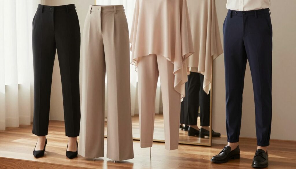 A stylish arrangement of classic and modern pants paired with a flowy tunic top, presented in an elegant, fashion-forward setting. In the foreground, feature a variety of pants styles: tailored trousers, wide-leg pants, and tapered joggers, each in neutral shades like black, beige, and navy. Showcase a light, airy tunic in a soft pastel color that complements the pants, draping effortlessly. In the middle, a subtle reflection of the garments on a polished wooden surface enhances the elegance. The background should contain soft, diffused natural light filtering through sheer curtains, creating a warm and inviting atmosphere. Capture the scene from a slightly elevated angle, focusing on the textures and colors to evoke a sense of modern sophistication in fashion choices for various occasions.