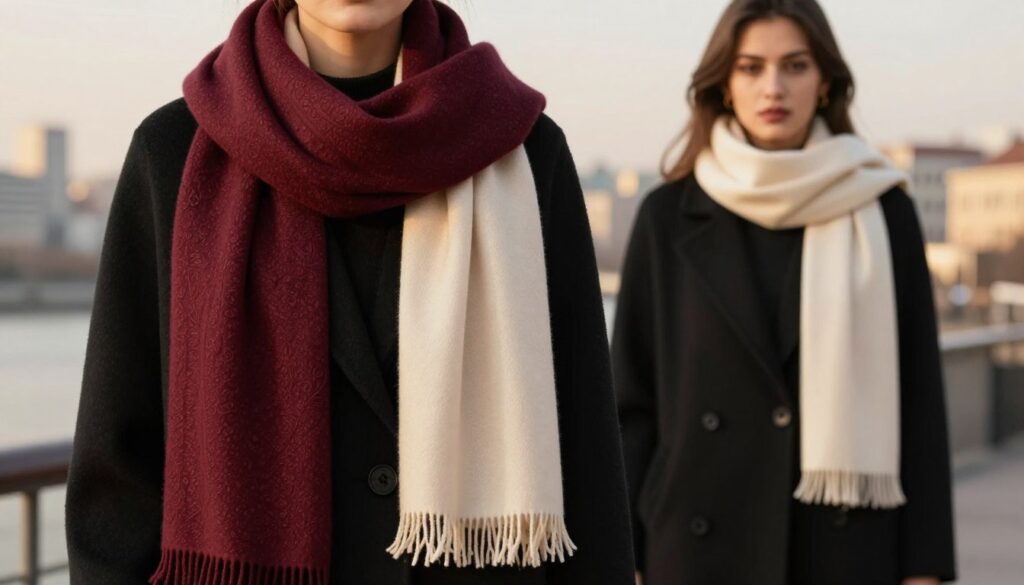 A stylish assortment of elegant scarves, known as "szaliki," elegantly draped over a sleek black coat. In the foreground, a rich, textured wool scarf in deep burgundy is gracefully arranged, showcasing subtle, intricate patterns. Next to it, a lighter, silken scarf in a soft cream hue complements the coat, reflecting gentle, diffused light. The middle layer features a young woman dressed in professional attire, wearing the black coat with one scarf casually wrapped around her neck, exuding confidence. She stands against a softly blurred cityscape background, where warm, golden hour lighting casts a serene glow, creating an inviting atmosphere. The image captures a sense of harmony in fashion experimentation, emphasizing elegance and style. A stylish assortment of elegant scarves, known as "szaliki," elegantly draped over a sleek black coat. In the foreground, a rich, textured wool scarf in deep burgundy is gracefully arranged, showcasing subtle, intricate patterns. Next to it, a lighter, silken scarf in a soft cream hue complements the coat, reflecting gentle, diffused light. The middle layer features a young woman dressed in professional attire, wearing the black coat with one scarf casually wrapped around her neck, exuding confidence. She stands against a softly blurred cityscape background, where warm, golden hour lighting casts a serene glow, creating an inviting atmosphere. The image captures a sense of harmony in fashion experimentation, emphasizing elegance and style.