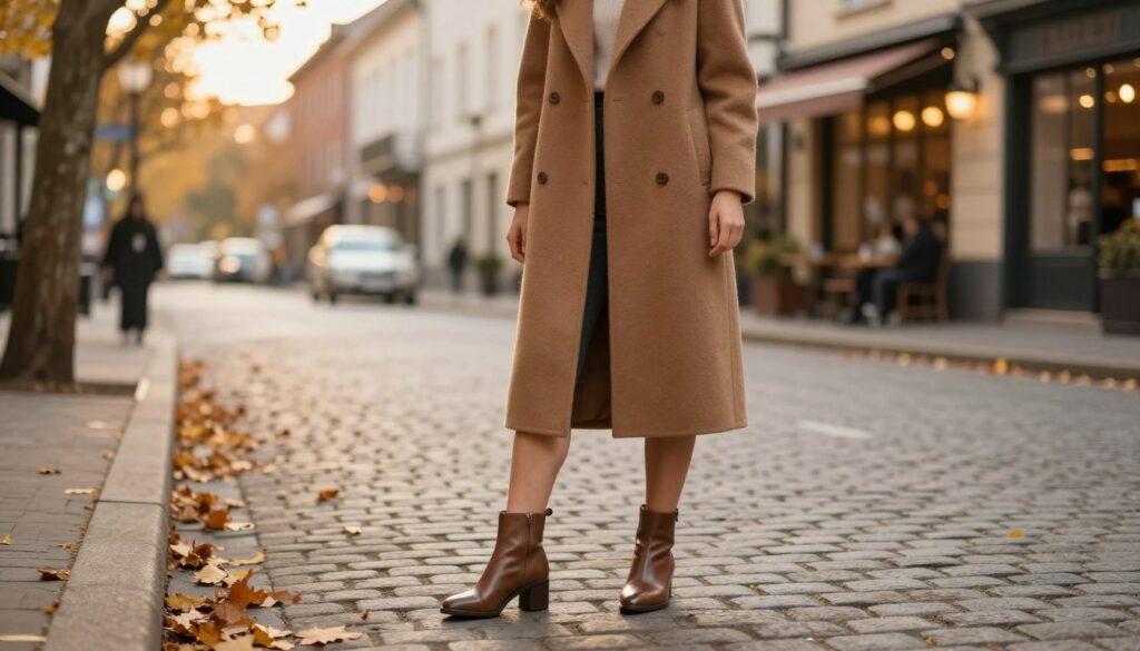 A stylish autumn scene featuring a well-dressed woman standing on a cobblestone street, showcasing the perfect footwear to complement her long wool coat. She is wearing elegant ankle boots that pair seamlessly with the coat's length, enhancing her sophisticated look. The foreground includes the woman's polished shoes and the hem of her coat, while she stands confidently with a slight smile. The middle ground reveals a softly blurred cityscape, with warm autumn leaves scattered on the ground. The background features cozy cafe buildings, with golden hour lighting casting a gentle glow, creating an inviting and elegant atmosphere. The image should be framed at eye level, capturing the essence of comfort and style without any distractions or text.