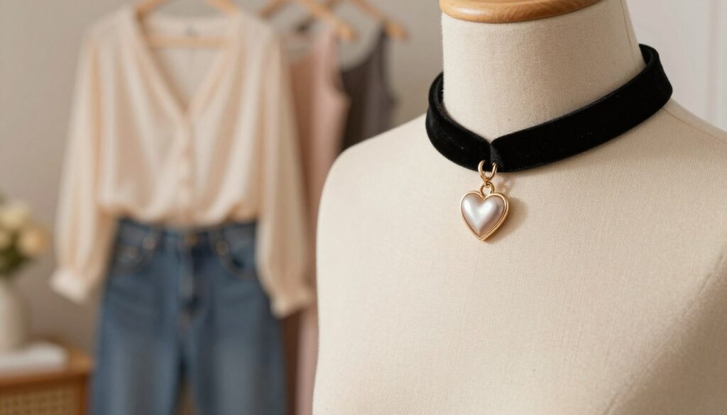A stylish choker necklace featuring a delicate heart pendant, prominently displayed in the foreground. The choker is made of black velvet, resting elegantly around a mannequin's neck, perfectly showcasing its romantic appeal. The middle ground features an aesthetically arranged outfit, highlighting both casual and evening styles, such as a soft, flowing blouse paired with chic jeans and a sophisticated evening dress. The background is softly blurred, suggesting a cozy, well-lit room with warm tones that enhance the intimate atmosphere. Soft, diffused lighting casts gentle highlights on the necklace, emphasizing its details and evoking a romantic mood. The angle captures the choker from a slightly elevated perspective, adding depth to the composition.