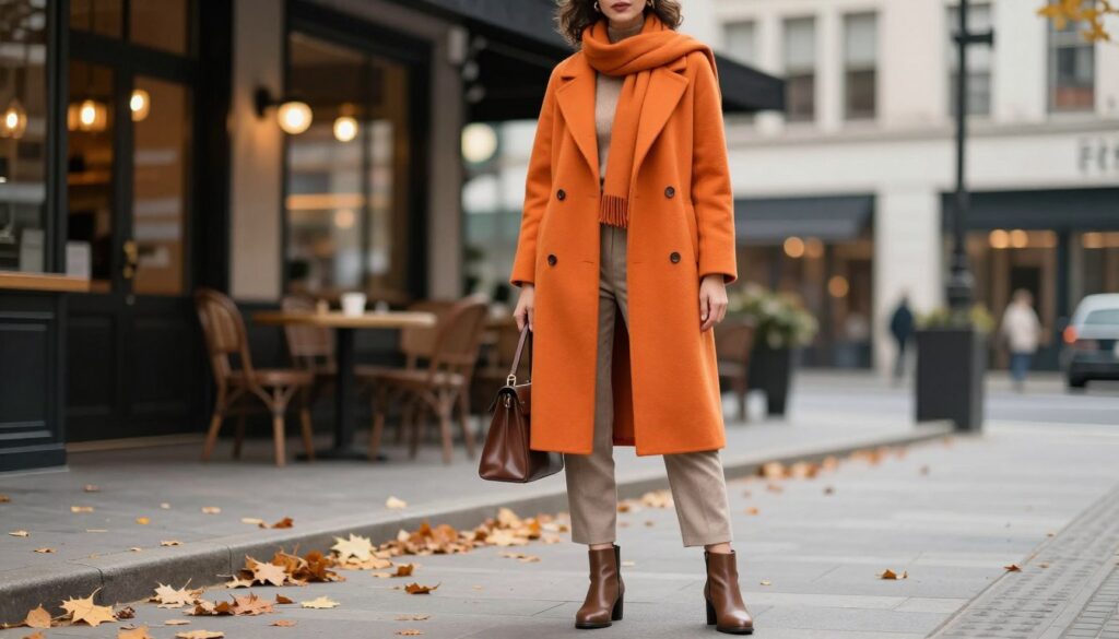 A stylish, confident woman wearing a vibrant orange coat, which is the focal point of the image, stands in an urban setting. The coat is paired with elegant ankle boots and a matching scarf that complement its color. Her outfit is completed with neutral trousers and a chic handbag, enhancing the overall sophisticated look. In the foreground, soft autumn leaves scatter across the pavement, suggesting a seasonal backdrop. In the middle ground, a blurred café scene with warm lighting suggests a cozy atmosphere. The background features softly illuminated city buildings, giving a modern feel. The overall mood is warm and inviting, captured with natural lighting and a slightly low angle to emphasize the woman's confident stance and the rich texture of the coat. A stylish, confident woman wearing a vibrant orange coat, which is the focal point of the image, stands in an urban setting. The coat is paired with elegant ankle boots and a matching scarf that complement its color. Her outfit is completed with neutral trousers and a chic handbag, enhancing the overall sophisticated look. In the foreground, soft autumn leaves scatter across the pavement, suggesting a seasonal backdrop. In the middle ground, a blurred café scene with warm lighting suggests a cozy atmosphere. The background features softly illuminated city buildings, giving a modern feel. The overall mood is warm and inviting, captured with natural lighting and a slightly low angle to emphasize the woman's confident stance and the rich texture of the coat.