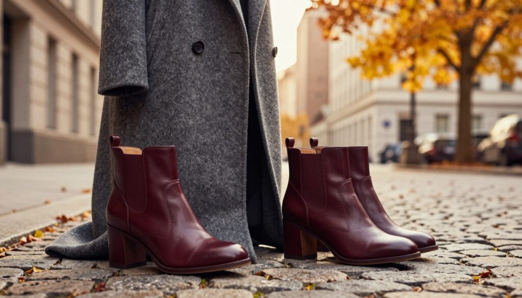 A stylish display of elegant autumn footwear paired with a fashionable coat, located in a sophisticated urban setting. In the foreground, a chic pair of leather ankle boots in deep burgundy, with intricate stitching and a modern heel, gracefully positioned on a cobblestone path. The middle features a tailored wool coat in a rich gray, draping elegantly over the boots, showcasing its textured fabric and sharp lapels. In the background, soft, diffused golden light filters through tall city buildings, casting a warm glow on a nearby tree with vibrant fall leaves. The overall mood is refined and cozy, highlighting the balance between comfort and elegance in autumn fashion, captured using a shallow depth of field to emphasize the footwear and coat.
