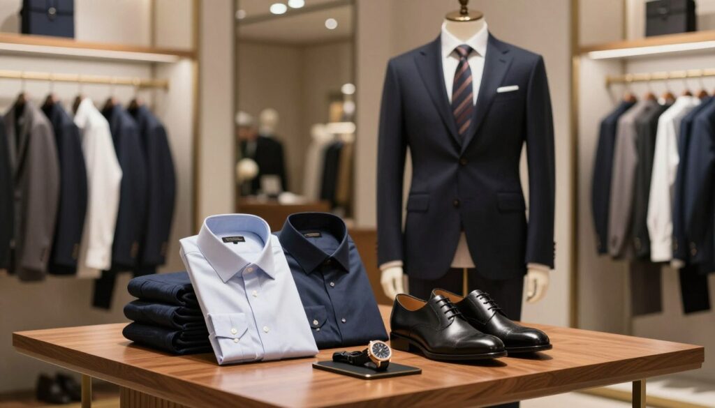 A stylish display of high-quality men's clothing as an investment piece, featuring a neatly arranged selection of designer garments including tailored suits, elegant shirts, and sophisticated accessories. The foreground showcases a polished wooden table holding a pair of sleek black shoes and a luxurious watch, while the middle ground highlights a mannequin dressed in a classic suit. The background is softly blurred, featuring a contemporary fashion boutique with warm, inviting lighting that emphasizes elegance and refinement. The overall atmosphere conveys timeless sophistication, suggesting that these pieces are worthy investments for long-term style. The image captures a sense of professionalism and quality, ideal for discerning buyers.