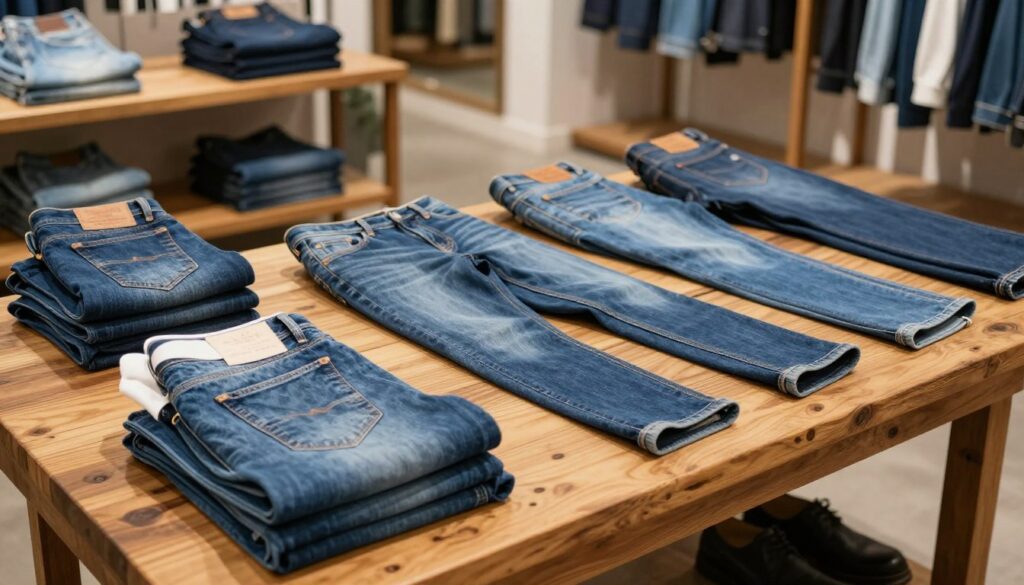 A stylish display of men's jeans arranged neatly on a rustic wooden table, showcasing various popular styles such as slim fit, relaxed fit, and tapered jeans in a rich blue denim wash. The foreground features a pair of folded jeans with a casual white shirt draped over the top, while the middle section includes a few pairs displayed in a subtle gradient, highlighting the denim textures and stitching details. In the background, a soft-focus boutique ambiance with warm lighting and polished wooden shelves lined with denim accessories creates an inviting atmosphere. This composition exudes a casual yet sophisticated vibe, ideal for showcasing authentic denim fashion.