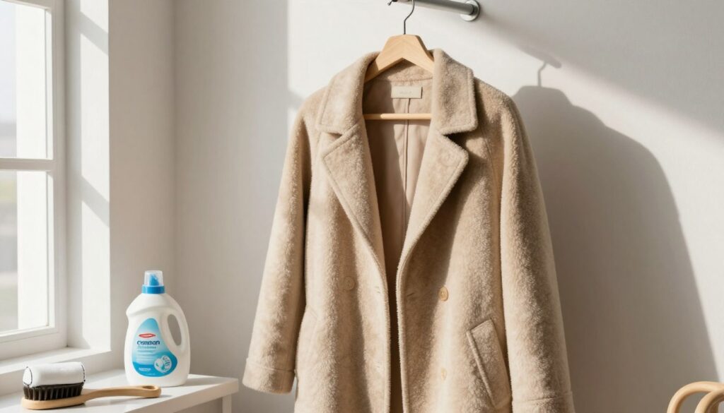 A stylish, elegant coat hanging in a well-lit laundry room, showcasing its luxurious fabric texture with a focus on preventing pilling. The coat is displayed on a modern hanger against a light, neutral wall, surrounded by laundry essentials like a gentle detergent bottle, a lint roller, and a soft brush. Sunlight streams through a nearby window, creating soft shadows that add warmth and depth to the scene. The atmosphere is calm and inviting, emphasizing care for clothing maintenance. Capture this image from a slightly elevated angle to showcase the coat’s details while ensuring a clear view of the surrounding items, reflecting the importance of proper garment washing techniques. A stylish, elegant coat hanging in a well-lit laundry room, showcasing its luxurious fabric texture with a focus on preventing pilling. The coat is displayed on a modern hanger against a light, neutral wall, surrounded by laundry essentials like a gentle detergent bottle, a lint roller, and a soft brush. Sunlight streams through a nearby window, creating soft shadows that add warmth and depth to the scene. The atmosphere is calm and inviting, emphasizing care for clothing maintenance. Capture this image from a slightly elevated angle to showcase the coat’s details while ensuring a clear view of the surrounding items, reflecting the importance of proper garment washing techniques.
