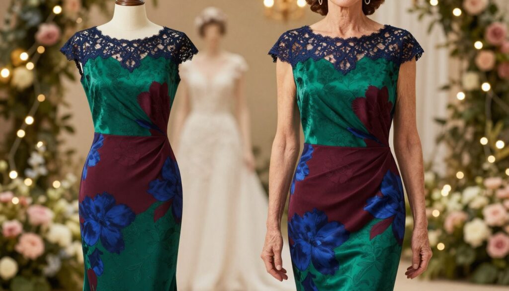 A stylish, elegant dress designed for a sophisticated 50-year-old woman, showcasing the latest fashion in trendy colors and patterns for the upcoming season. The dress features a flattering silhouette, with soft drapes and unique floral prints in vibrant jewel tones like emerald green, deep burgundy, and rich sapphire. The foreground includes intricate lace detailing and elegant necklines. In the middle, display a mannequin or a model gracefully posed against a softly lit backdrop, showcasing the dress’s drape and movement. The background is a blurred outdoor garden scene with blooming flowers and softly glowing fairy lights, creating a romantic and chic atmosphere, ideal for a wedding setting. The lighting is warm and inviting, highlighting the textures and colors of the fabric. A stylish, elegant dress designed for a sophisticated 50-year-old woman, showcasing the latest fashion in trendy colors and patterns for the upcoming season. The dress features a flattering silhouette, with soft drapes and unique floral prints in vibrant jewel tones like emerald green, deep burgundy, and rich sapphire. The foreground includes intricate lace detailing and elegant necklines. In the middle, display a mannequin or a model gracefully posed against a softly lit backdrop, showcasing the dress’s drape and movement. The background is a blurred outdoor garden scene with blooming flowers and softly glowing fairy lights, creating a romantic and chic atmosphere, ideal for a wedding setting. The lighting is warm and inviting, highlighting the textures and colors of the fabric.