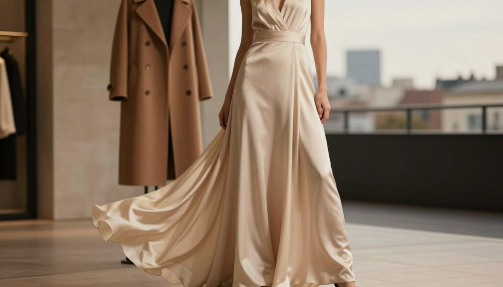 A stylish, elegant long dress in luxurious fabric flows gracefully down to the floor, adorned with subtle patterns. The dress stands out in a contemporary fashion setting. In the foreground, a model poses confidently, showcasing the dress's silhouette, emphasizing its length and fluidity. The middle ground includes a chic, tailored coat draped lightly over one arm, hinting at the theme of balance and proportion. In the background, a softly blurred urban landscape enhances the modern aesthetic. The scene is lit by warm, soft lighting, creating a sophisticated atmosphere. Capture the image from a low-angle perspective to accentuate the dress's elegance, ensuring the overall mood is one of grace and refinement. A stylish, elegant long dress in luxurious fabric flows gracefully down to the floor, adorned with subtle patterns. The dress stands out in a contemporary fashion setting. In the foreground, a model poses confidently, showcasing the dress's silhouette, emphasizing its length and fluidity. The middle ground includes a chic, tailored coat draped lightly over one arm, hinting at the theme of balance and proportion. In the background, a softly blurred urban landscape enhances the modern aesthetic. The scene is lit by warm, soft lighting, creating a sophisticated atmosphere. Capture the image from a low-angle perspective to accentuate the dress's elegance, ensuring the overall mood is one of grace and refinement.