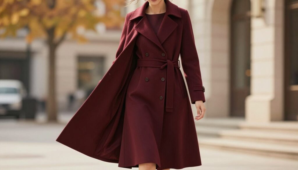 A stylish, elegant midi dress coat displayed prominently in the foreground, showcasing a harmonious blend of tailored silhouettes that complement a midi-length dress. The coat is in a rich, deep color, perhaps navy or burgundy, accented with subtle details like a cinched waist or exquisite buttons. In the middle ground, a softly draped midi dress can be seen, hinting at its flowing fabric beneath the coat. The background features an urban setting with a hint of autumn foliage, suggesting a chic fall atmosphere. The scene is illuminated with warm, natural light, creating a cozy and inviting mood. The angle captures the full ensemble frontally, allowing viewers to appreciate the proportionate balance of the coat and dress, perfect for both elegant and casual looks.