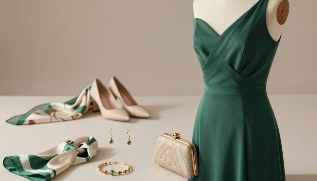 A stylish ensemble featuring a chic green dress elegantly draped on a mannequin against a soft, neutral background. The foreground showcases carefully selected accessories: delicate gold earrings, a matching bracelet with gemstones, and a small, tasteful clutch purse. Subtle lighting highlights the texture of the dress and the shimmer of the jewelry, casting soft shadows for depth. In the middle ground, a tasteful arrangement of additional accessories, including a silk scarf and a pair of elegant heels, complements the outfit. The mood is refined and sophisticated, embodying an air of elegance and grace, ideal for a wedding setting. The overall composition invites viewers to contemplate how to thoughtfully select accessories without overwhelming the base outfit.