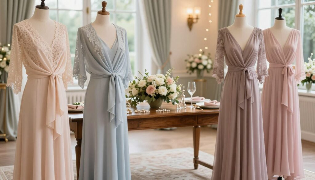 A stylish ensemble featuring elegant boleros and wraps (narzutki) paired with a selection of dresses suitable for weddings. In the foreground, display various boleros in soft fabrics like lace, chiffon, and satin, draped gently over knee-length and long-flowing dresses, capturing a blend of textures and colors. The middle ground showcases a polished wooden table adorned with floral arrangements and delicate jewelry, creating a chic atmosphere. In the background, a softly lit, elegantly decorated wedding venue, hinting at soft pastel colors and twinkling fairy lights, adds warmth. Use natural daylight filtering through large windows to illuminate the scene, accentuating the delicate materials and giving a romantic, inviting vibe. The overall mood should resonate with elegance and grace, fitting for a wedding celebration. A stylish ensemble featuring elegant boleros and wraps (narzutki) paired with a selection of dresses suitable for weddings. In the foreground, display various boleros in soft fabrics like lace, chiffon, and satin, draped gently over knee-length and long-flowing dresses, capturing a blend of textures and colors. The middle ground showcases a polished wooden table adorned with floral arrangements and delicate jewelry, creating a chic atmosphere. In the background, a softly lit, elegantly decorated wedding venue, hinting at soft pastel colors and twinkling fairy lights, adds warmth. Use natural daylight filtering through large windows to illuminate the scene, accentuating the delicate materials and giving a romantic, inviting vibe. The overall mood should resonate with elegance and grace, fitting for a wedding celebration.