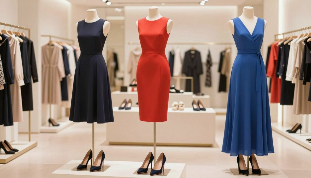 A stylish fashion composition featuring a variety of elegant dresses paired with complementary high-heeled shoes. In the foreground, show three different dress silhouettes (a-line, fitted, and flowing) in vivid colors, each paired with matching stiletto heels. The middle ground showcases a bright, upscale boutique setting with clothing racks and shoe displays, enhancing the fashion theme. The background features soft, diffused lighting to create a warm and inviting atmosphere, reminiscent of a fashion show or important event. Capture this scene from a slightly elevated angle, allowing for a comprehensive view of the clothing and footwear combinations, highlighting their elegance and compatibility. The mood should be sophisticated, inspiring viewers with stylish pairings suitable for varied body types.