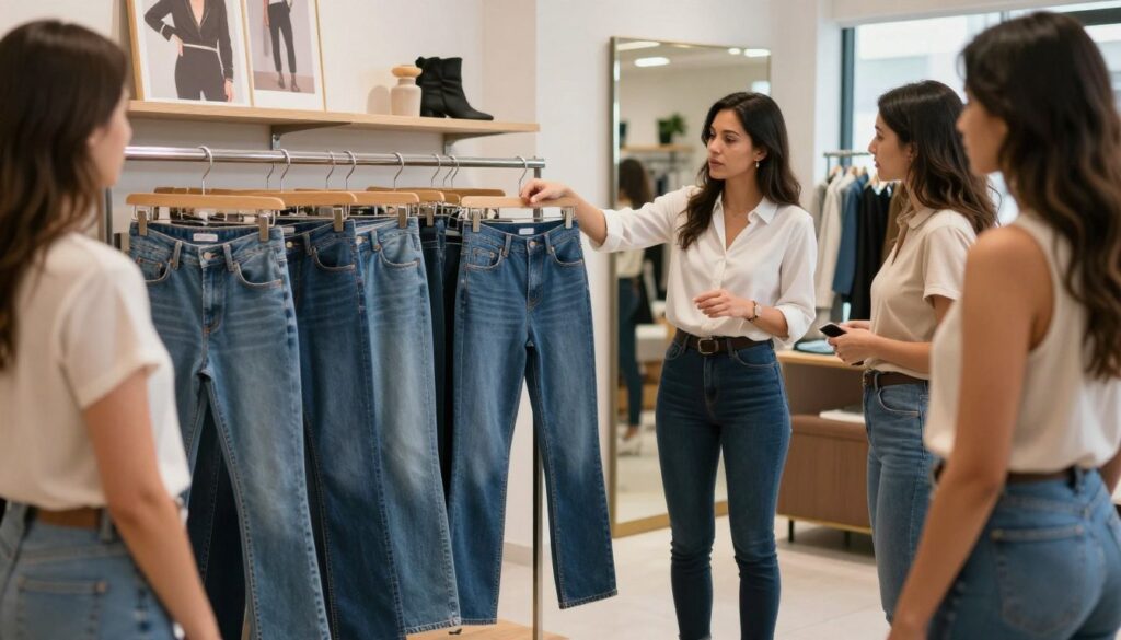 A stylish fashion consultant stands in an elegant, well-lit boutique, demonstrating how to choose the perfect jeans for different body types. In the foreground, an array of jeans with varying styles—skinny, bootcut, and wide-leg—are displayed on a stylish rack. The consultant, dressed in professional attire, points to a pair of well-fitted jeans while interacting with a diverse group of clients, each representing different body shapes, showcasing body positivity. The background features a tastefully designed store with mirrors and fashion posters. Soft, natural lighting highlights the fabrics' textures, adding warmth to the atmosphere, while a slightly blurred depth of field emphasizes the expert's guidance on fitting.