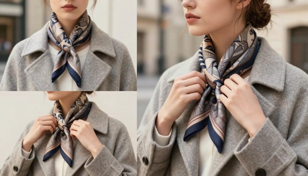 A stylish fashion illustration focused on the concept of "collar tie alignment". In the foreground, a elegantly dressed model in a tailored coat with a classic collar is demonstrating the perfect knot of a luxurious scarf, showcasing different tying techniques. The middle layer features a close-up of the scarf around the collar, emphasizing the textures and patterns of the fabric, highlighting how it complements the collar shape. In the background, a softly blurred urban environment creates an upscale atmosphere, illuminated by gentle, natural light. The angle captures the model slightly from the side, enhancing the showcase of both the scarf and the collar, while maintaining an elegant and sophisticated mood suitable for the fashion editorial theme. No text or watermarks are present, focusing purely on the visual elements.
