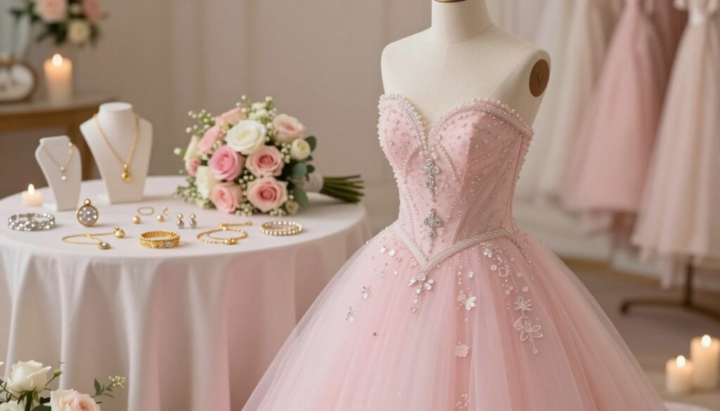 A stylish fashion setup showcasing a stunning pink wedding dress displayed on a mannequin in a soft, elegant setting. In the foreground, focus on accessories: delicate gold and silver jewelry pieces, such as earrings, necklaces, and bracelets, arranged tastefully around the dress. The middle ground features a beautifully draped table with complementary accessories, including a bouquet of roses in shades of pink and white. In the background, hints of romantic decor with soft lighting enhance the atmosphere, showcasing candles and subtle floral arrangements. The lighting is warm and inviting, creating a dreamy, celebratory mood. Capture this scene with a shallow depth of field to emphasize the details of the accessories while gently blurring the background elements for an elegant touch.